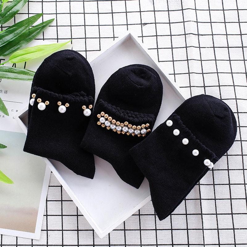 Black/White Korean Reto Pearl Socks Women Elastic Cotton Handmade Meias Creative Socks Harajuku Calcetines Mujer