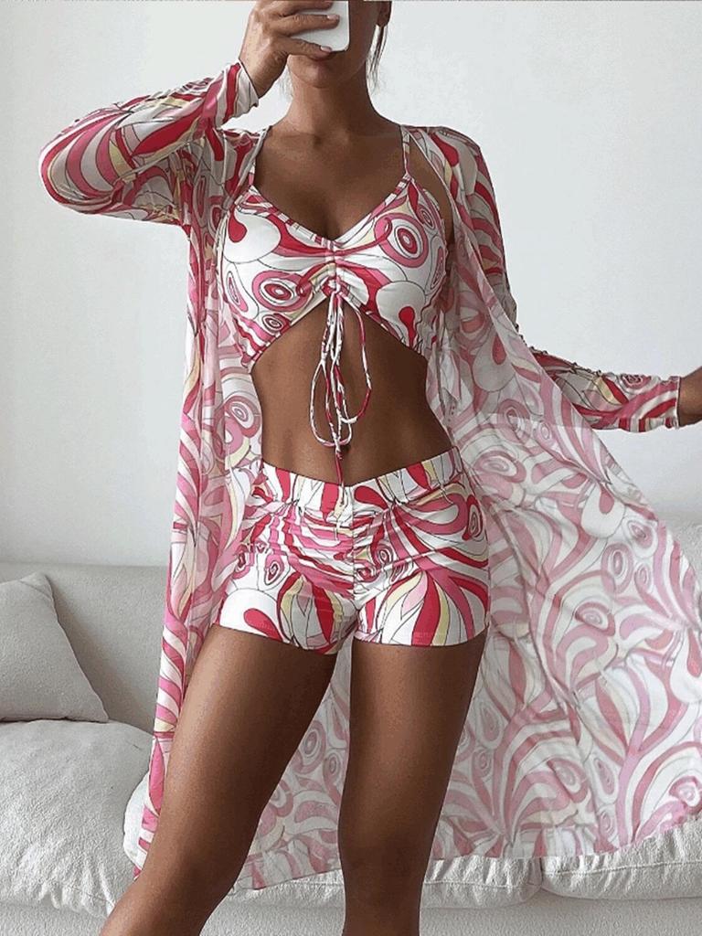 European & American Colorful Sheer Three-Piece Swimsuit Cover-Up Set with Sun Protection