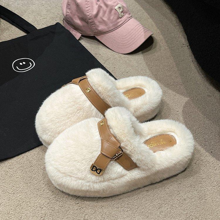 Internet celebrity baotou half slippers women's outer wear 2025 spring and autumn new heightened thick-soled fluffy shoes home warm cotton mop