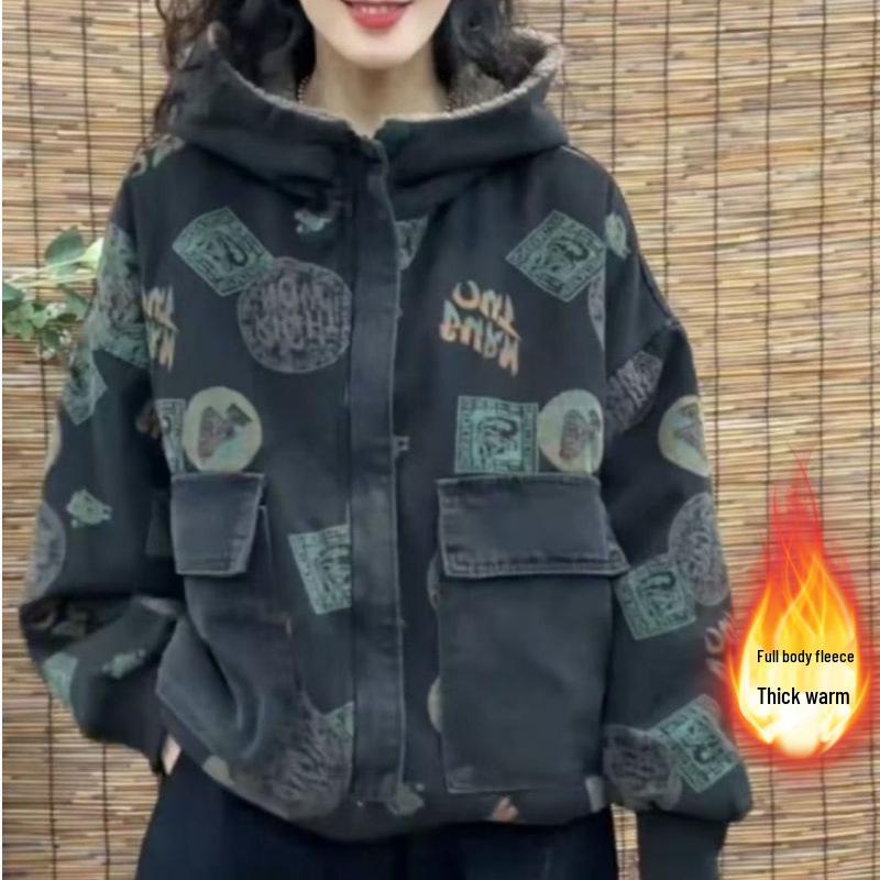 2025 Winter Women's Plaid Hooded Cotton Coat: Plus Velvet, Thick, Casual, Versatile, Stylish Age-Reducing Jacket