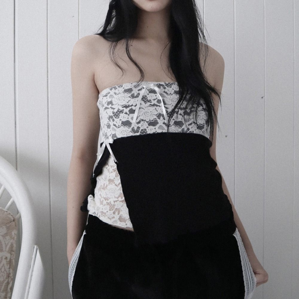 Mesh Flower Sweet Lace Vest Fake Two Pieces Sleeveless Crop Top Women Camisole  Women