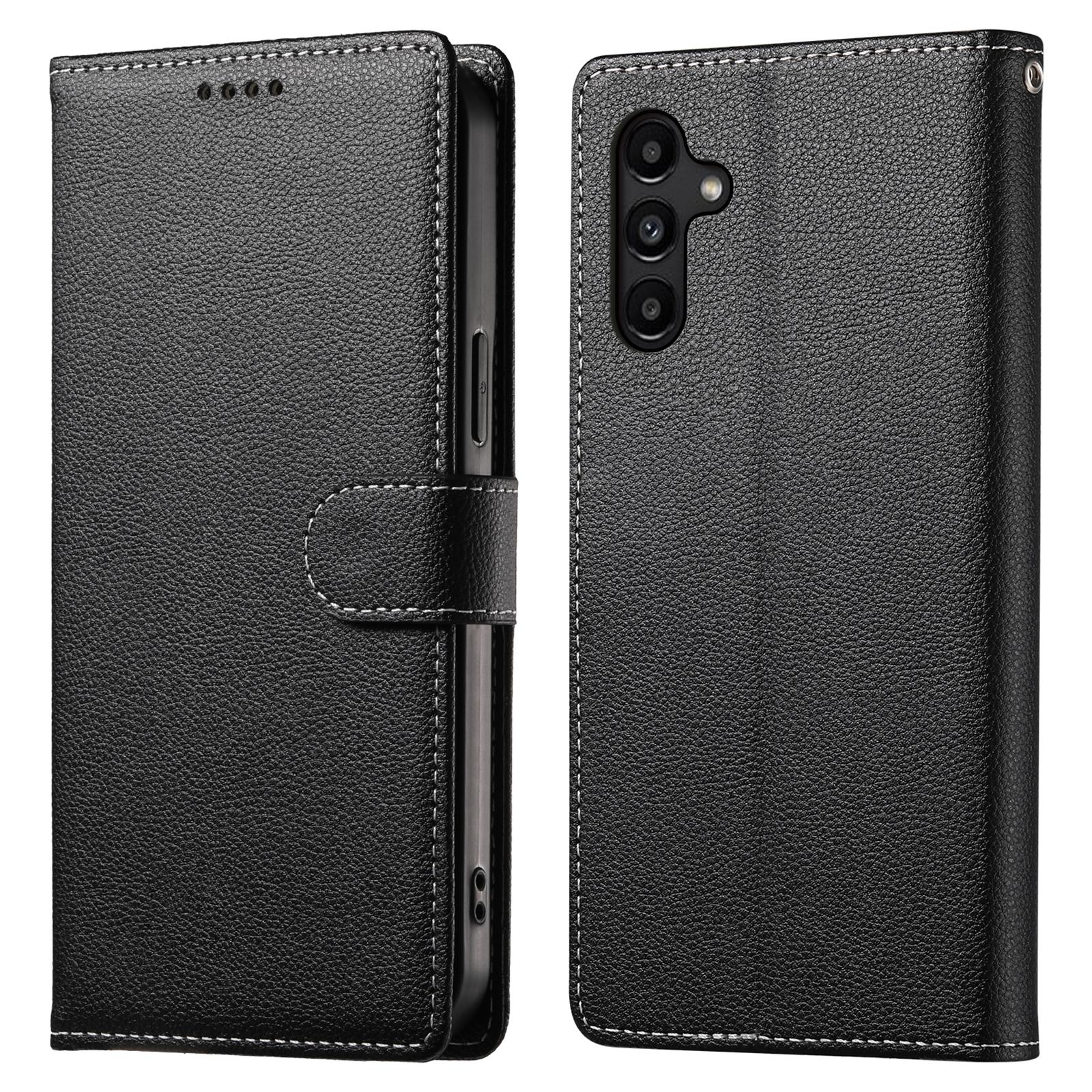 

DF-012 For Samsung Galaxy A15 5G/A15 4G Case Litchi Texture Leather Magnetic Clasp Wallet Stand Phone Cover with Wrist Strap Black
