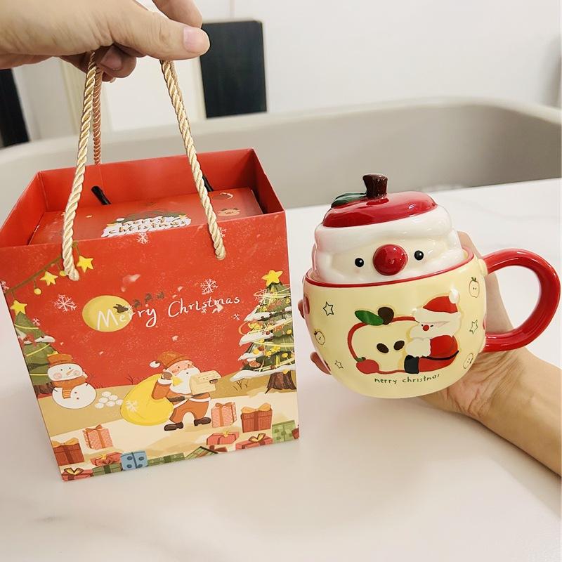 Kreativní vánoční keramický hrnek s jablkem, kávové hrnky s víčkem, hrnek na mléko a vodu, čajový hrnek s přáteli, vánoční dárkový balíček