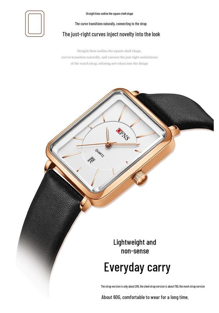 OFNS Women's Retro Square Watch – French Design, Simple Bar Markers, Business Style, Calendar, Waterproof, Quartz Movement.