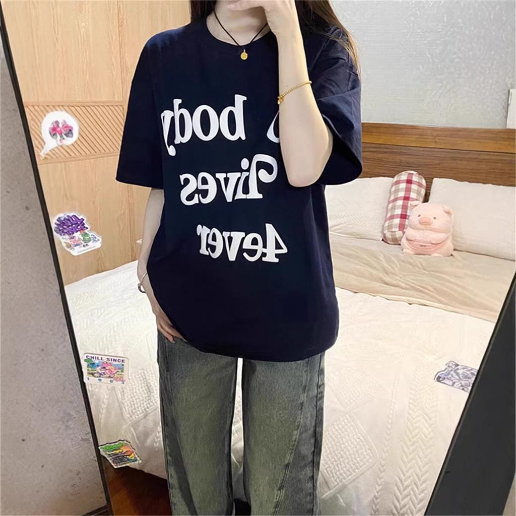 American Pure Cotton Guochao Brand Letter Printing Short-sleeved T-shirt Women's Summer New Loose Fat Mm Large Size Half-sleeved Top