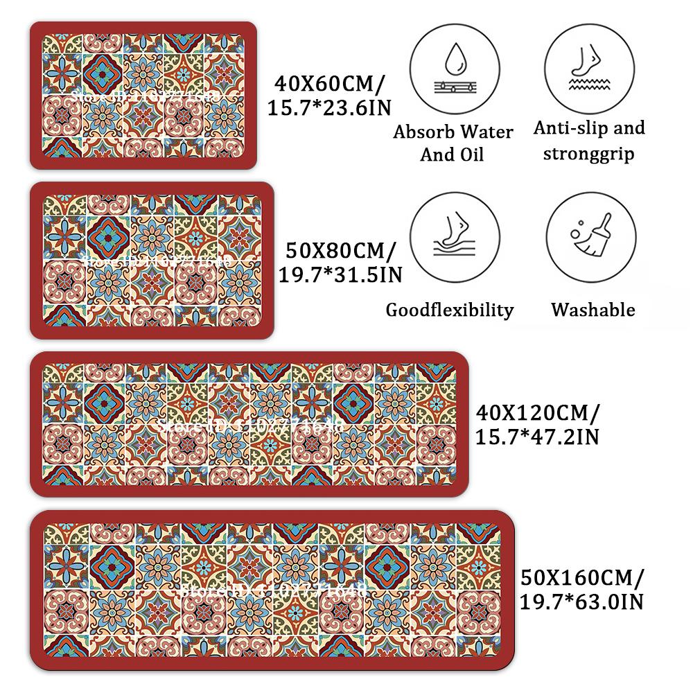 Non-Slip Kitchen Carpet Retro Style Colorful Pattern Entrance Doormat Bedside Bedroom Mat Large Coverage Absorbent Durable Rug