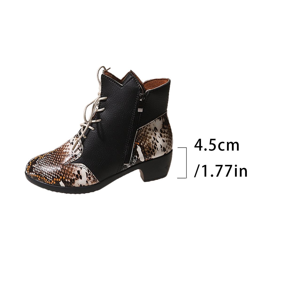 

2024 autumn new fashionable soft leather snake pattern splicing women s boots comfortable thick heel short tube color matching lace-up fashion boots 42 чорний