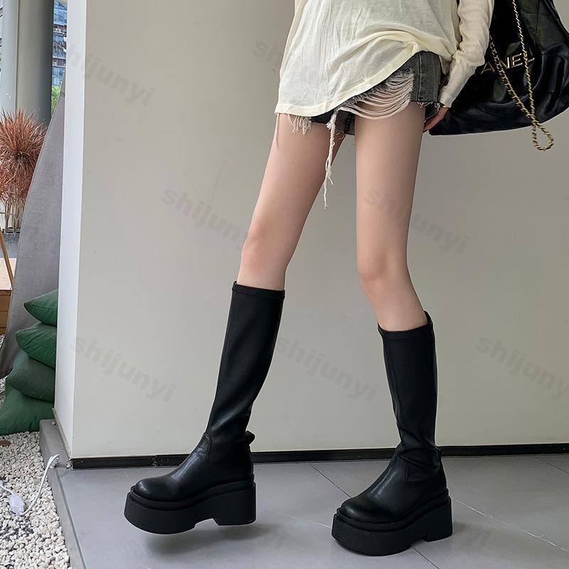 Women's Long Boots 2026 Autumn Thick Bottom Increased Height Elastic High-Tube Boots Platform Outdoor Comfortable Ankle Boots