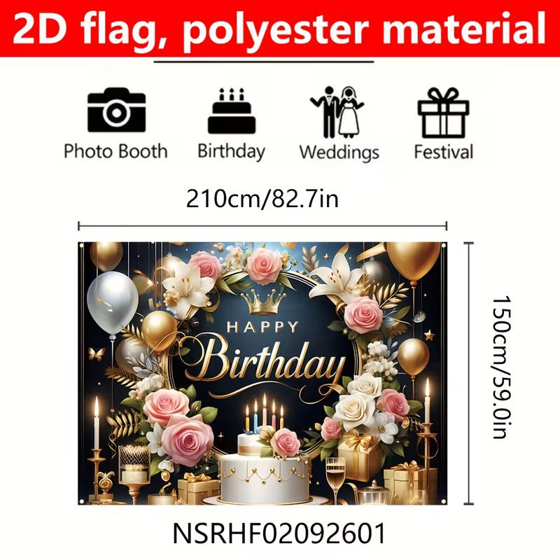 2D Black Gold Floral Birthday Backdrop Home Party Celebration Photo Background