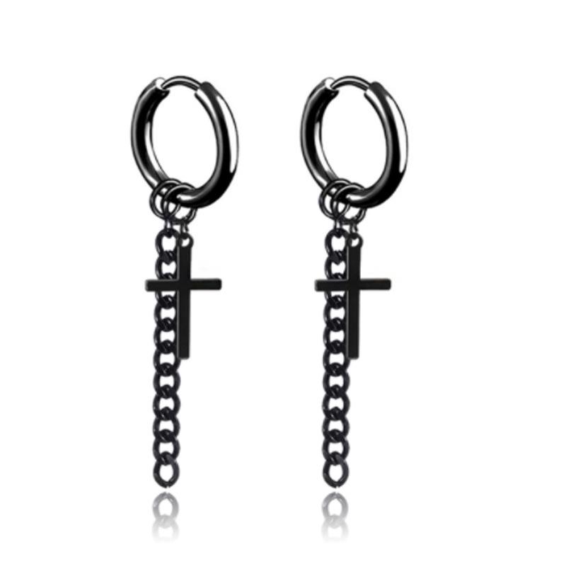 Orecchini a Catena Croce in Acciaio Inossidabile Nero Punk per Donna e Uomo - Gioielli Moda Retro Hip Hop