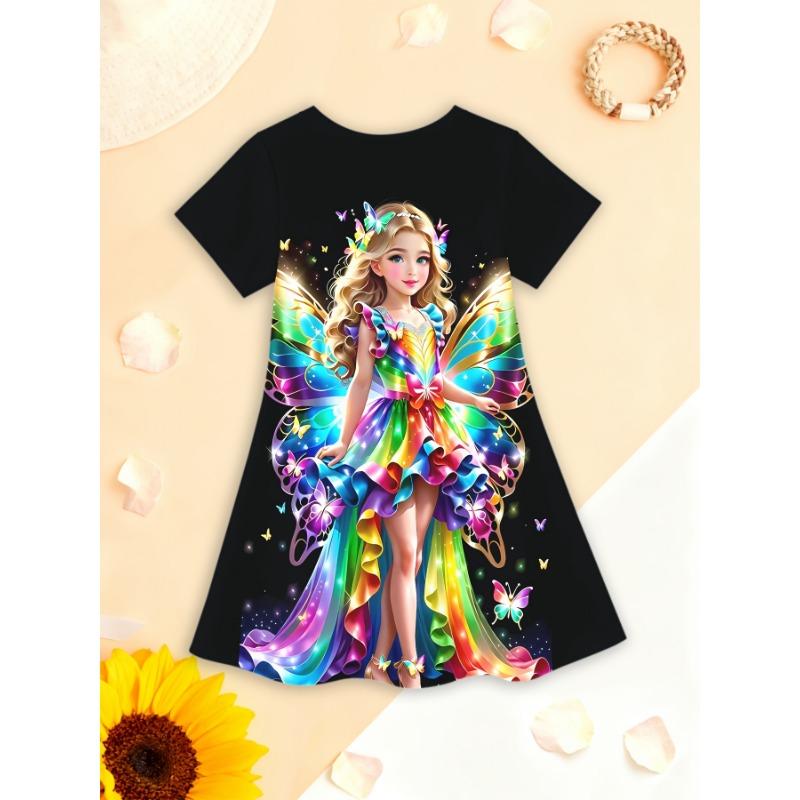 Girls' Casual Unicorn Short-Sleeve Dress Featuring Trendy Butterfly And Flower Prints