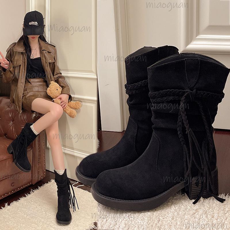 Spring Autumn New Women's Pleated Short Boots Vintage Thick Mid Heel Slip On Botas Mujer Long Fringe Black Bottes Femmes Size35
