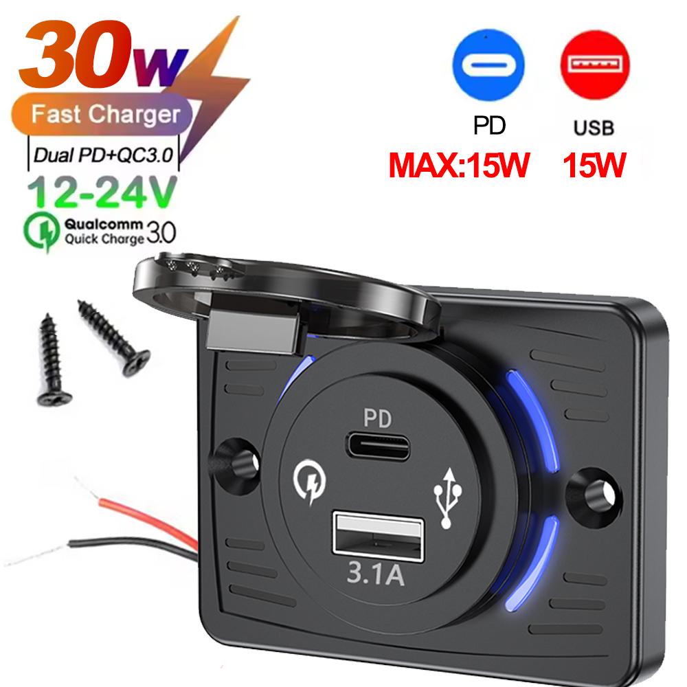 2-4 Ports USB Outlet QC 22.5W PD 30W Type-C Quick Charge & QC3.0 Panel Wall Mount Charger Adapter for Bus ATV Truck