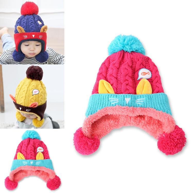 Cozy Baby Knitted Hat For Winter With Cute Cat Design Thickened Plush Ears Suitable For Boys And Girls Aged 5 To 24 Months Available In Red Yellow