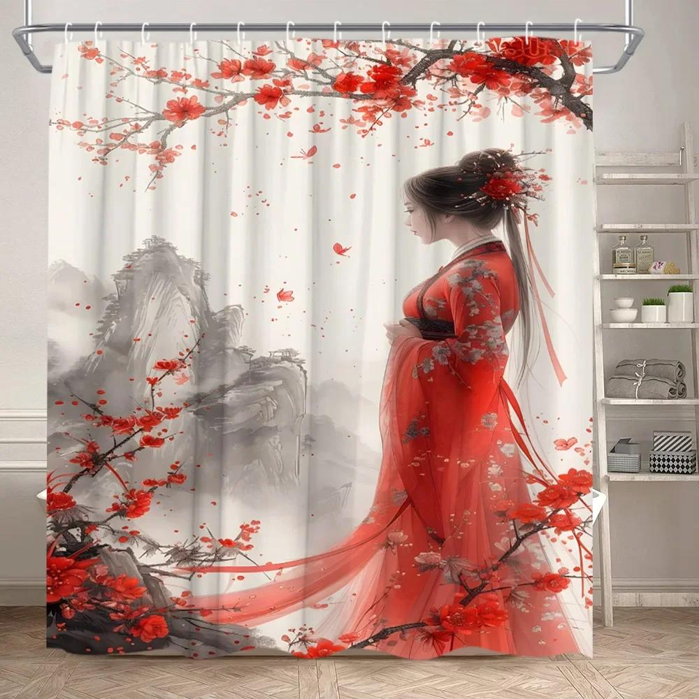 Azjatka Zasłona Prysznicowa Japońskie Kimono Kwiat Wiśni Krajobraz Malarstwo Tuszem Sztuka Poliester Tkanina Dekoracja Łazienki Zestaw Zasłon