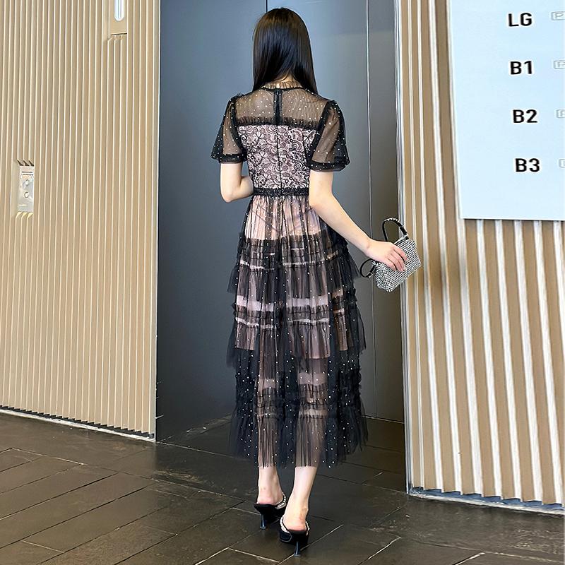 Runway Summer Holiday Sundress Black Lace Tulle Wedding Prom Sequins Dress Women Short Sleeve Flower Embroidery Dresses
