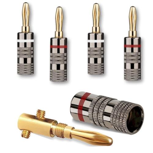 LIKENNY 24K Gold-Plated Banana Plugs, Audio, 4-Piece Set (Red + White), Compatible with 12AWG To 18AWG, Easy Installation, Double Screw Fastening, Spe