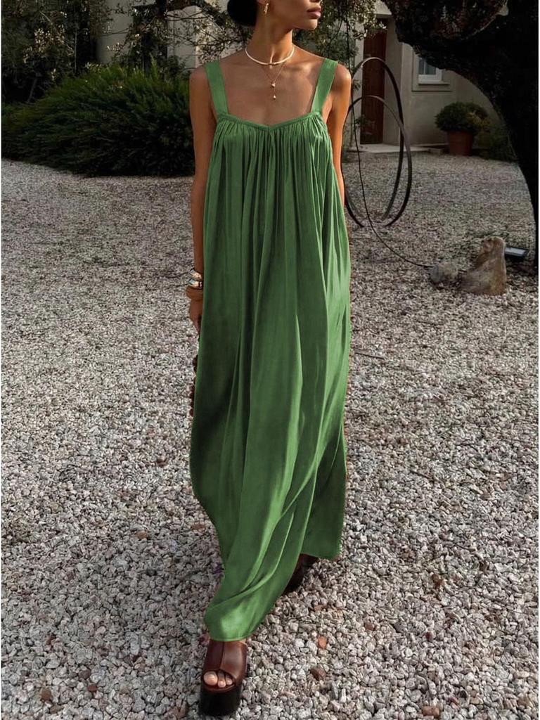 Elegant French Pleated Spaghetti Strap Summer Dress with Back Cutout