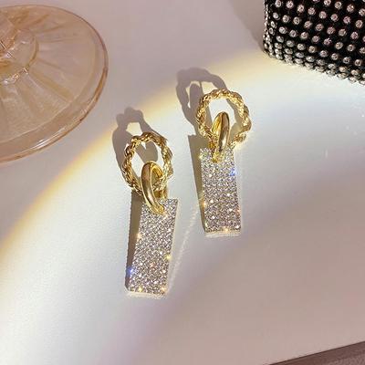 2022 New Trendy Elegant Full Crystal Big Long Drop Earrings for Women Shiny Luxury Geometric Rhinestone Wedding Jewelry