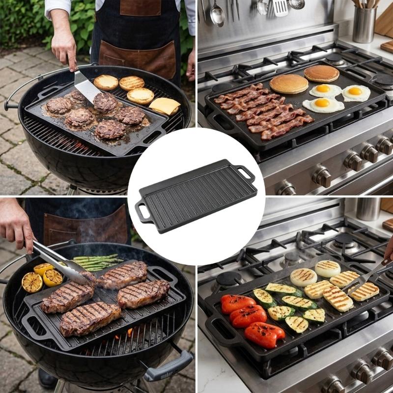 Professional Wrought Iron Reversible Grill Griddle Pan with Handle Perfect For Stovetop Oven Camping Even Heating