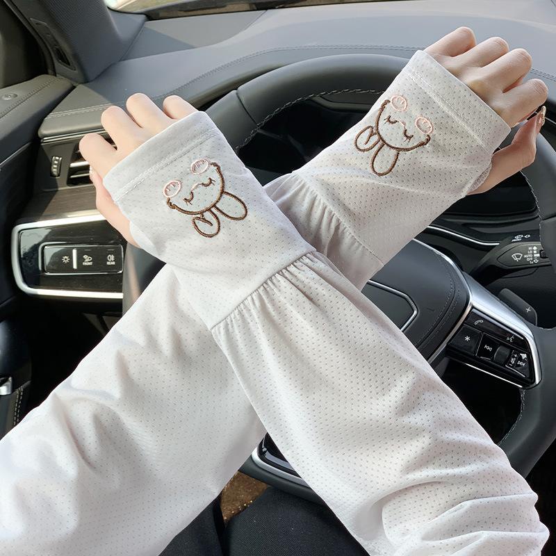 Women’s UV Protection Arm Sleeves, Cute Bunny Print Ice Silk Cooling Sleeves, Breathable Thin Summer Sun Sleeves for Cycling Running Outdoor