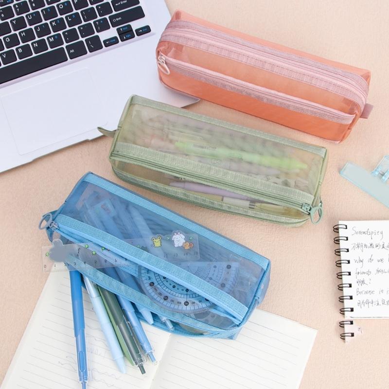 Clear Mesh Pencil Case Double Layer Pencil Pouches Large Capacity Pen Organizers Storage Bag Portable Makeup Storage Bag