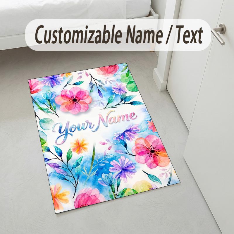 Floral Garden Theme Crystal Velvet Rug Personalized Custom Name Text Soft Floor Mat Home Decor