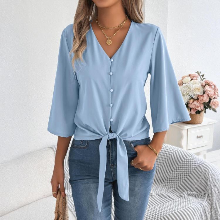 Damen Chiffon Bluse Lässig V-Ausschnitt Dreiviertelarm Knopfleiste Knoten Front Top