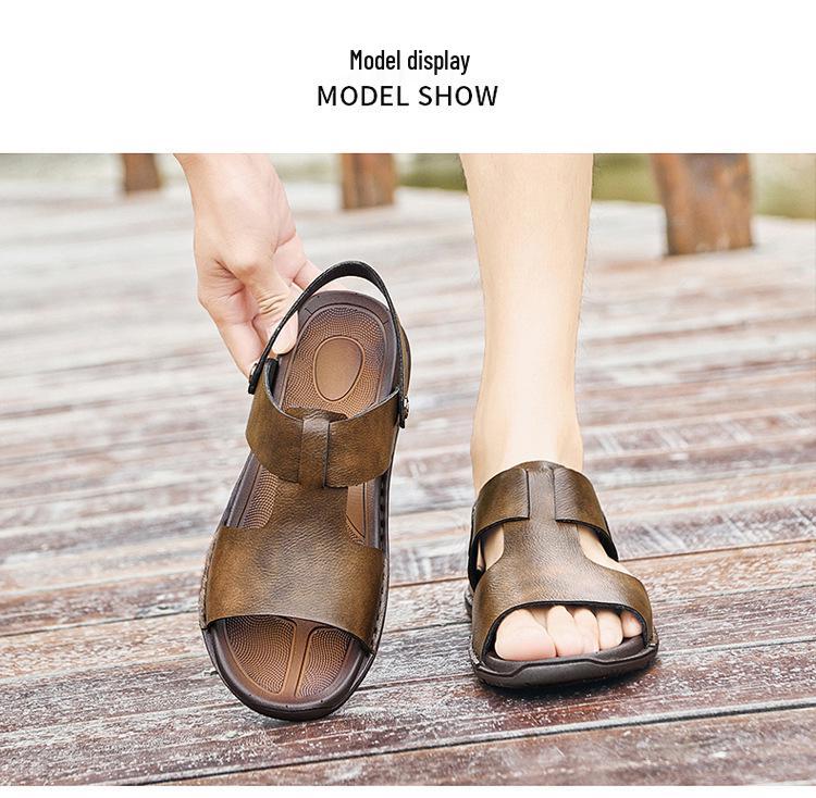 Large Summer Leather Cross-Strap Sandals, Sizes 45-46, Non-Slip Soft Sole Beach Flip-Flops for Men