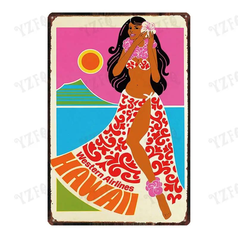 Vintage Hawaii City Painting with Hula Dancers  Metal Travel Tin Sign for Wall Decor In Pubs Cafes and Homes  Beach Metal Pla
