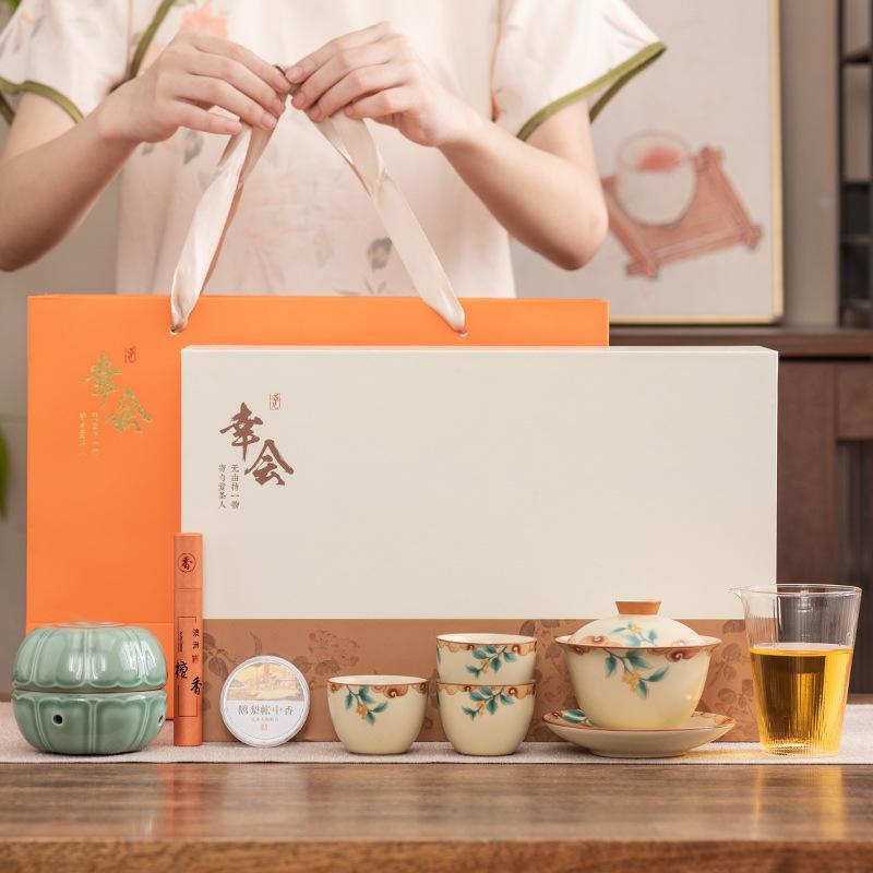 Ru kiln kung fu tea set gift box set teapot cover bowl incense burner high-end club leader business souvenir