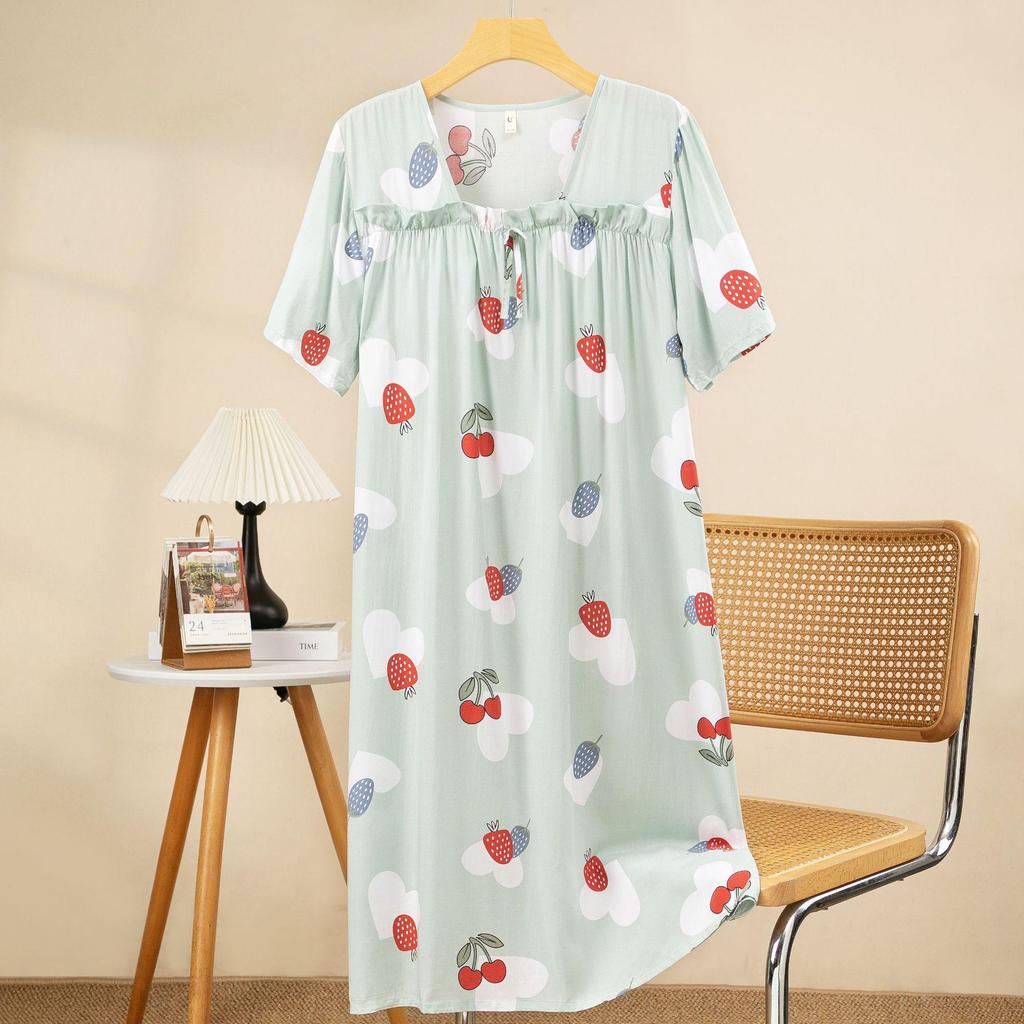 Plus Size Cotton-Silk Cartoon Floral Pajama Dress: Lightweight, Loose-Fit, Summer Homewear