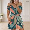 Women Plus Size Cold Shoulder Printed Dress V Neck Zipper Short Sleeve Chain Strap Flared Hem