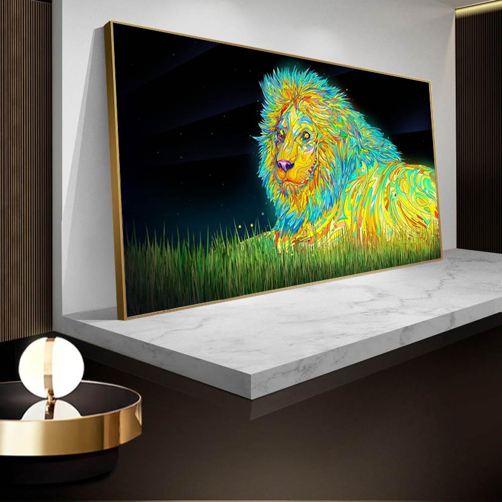 Animal Oil Painting Fluorescent Lion Cartoon Art Canvas Drawing Living Room Corridor Office Home Decoration Mural No Frame