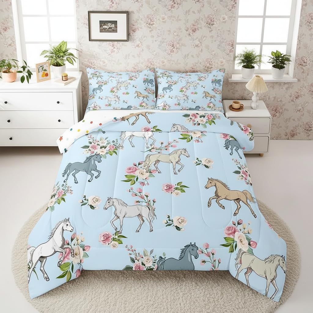 Erosebridal Horse Quilt Twin Size, Farmhouse Western Cowboy Cowgirls Duvet Insert for Kids Boys Girls Teens, Cartoon Kawaii Horse Bedding Se
