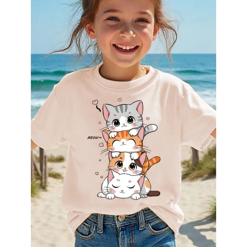 

Summer Fashion Short-Sleeve T-Shirt for Girls with a Cute Cat Cartoon Print, Casual Top NYDX5024. 100