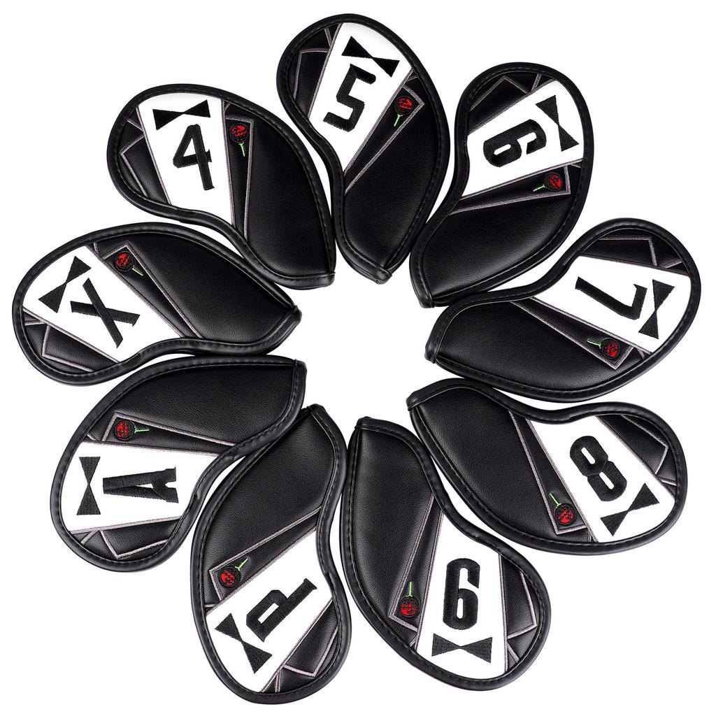 Golf Iron Covers, Magnetic Wedge Covers, Club Headcovers, Set of 9 (4-9, P, A, X), Black & White Synthetic Leather, The Golf Father