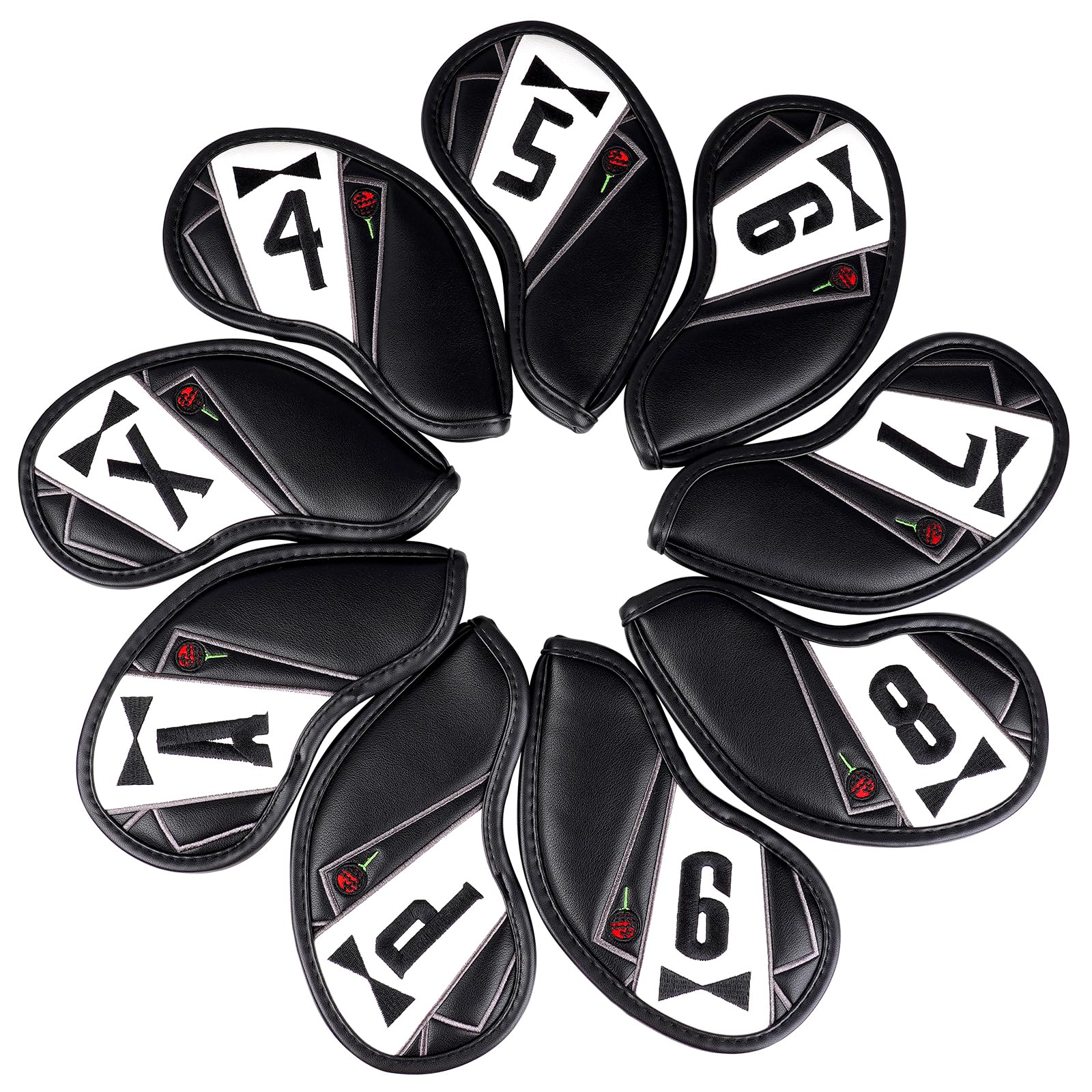 

Golf Iron Covers, Magnetic Wedge Covers, Club Headcovers, Set of 9 (4-9, P, A, X), Black & White Synthetic Leather, The Golf Father