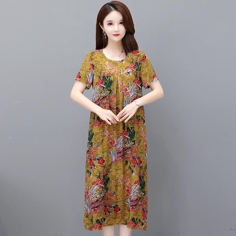 2023 Summer Floral Cotton & Rayon Dress - Stylish, Loose-Fitting, Short Sleeve for Middle-Aged & Elderly Women