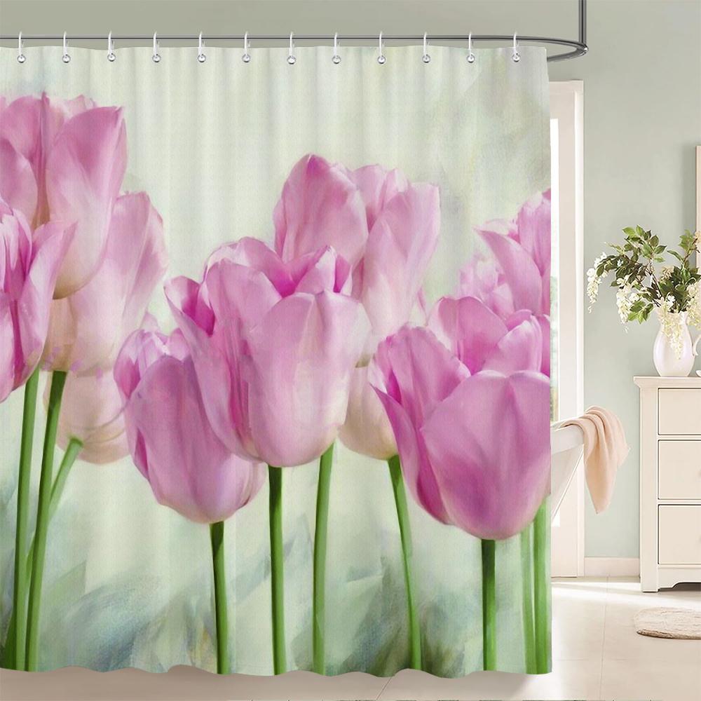 Tulip Flowers Print Shower Curtains Watercolor Boho Floral Waterproof Polyester Bathroom Bathtub Curtain Room Decor With Hooks