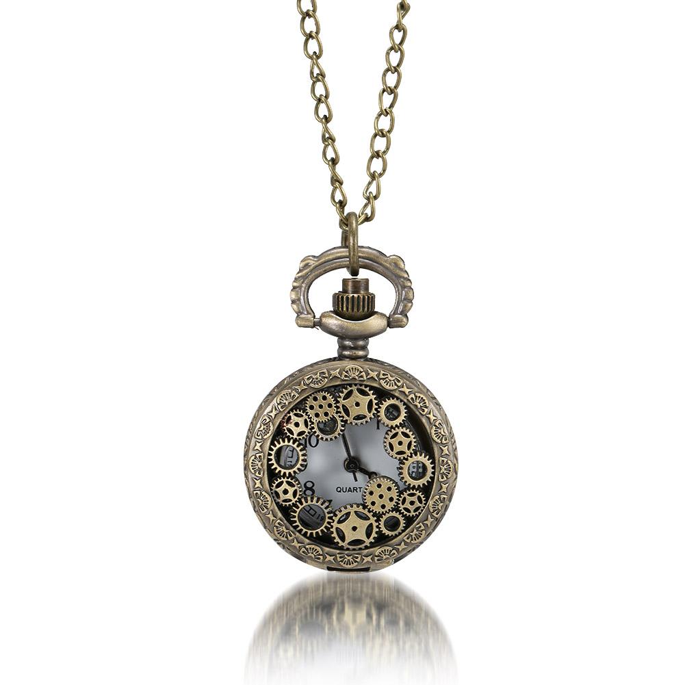 Orologio da tasca moda retrò per uomo donna, bronzo, quarzo, lega, cassa cava con ingranaggi scolpiti, con catena