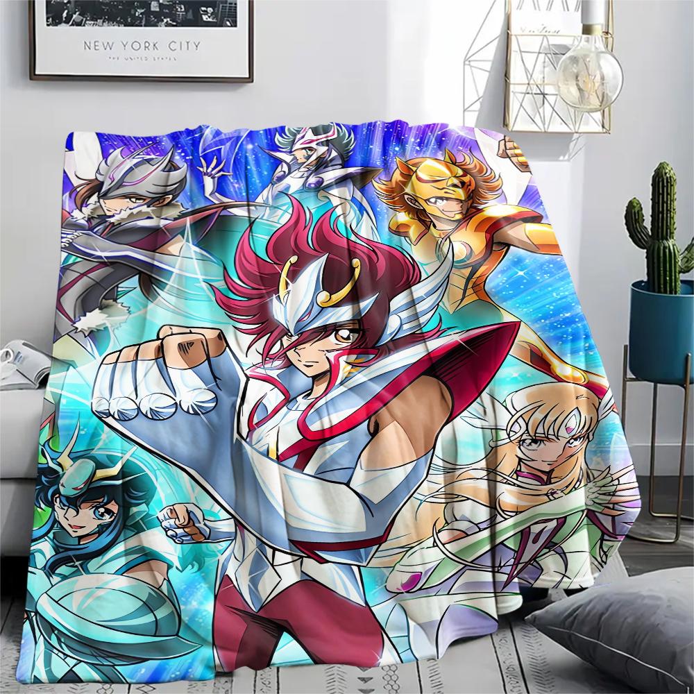 1Pc Saint Seiya Print Flannel Blanket, High quality Comfortable for All Seasons, Home Decor, Warmth and Comfort, Perfect for Christmas Gifts