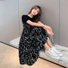 Summer Dress Women's Fake Two Korean Version of Fashion Loose and Thin Splicing Medium and Long Short-sleeved Floral Small Black Skirt