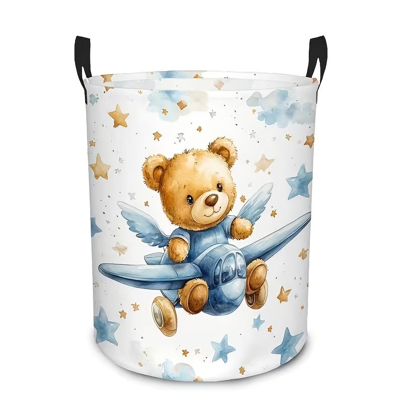 1pc Cute Teddy Bear Airplane Pattern Foldable Storage Basket | Round Laundry Hamper for Bathroom and Bedroom, Easy Modern Home Laundry Basket, Contemp