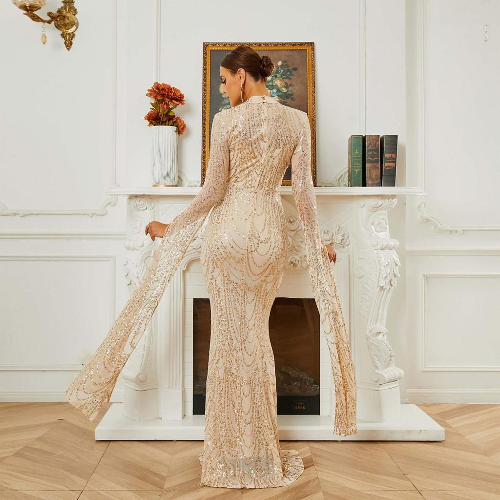 Elegant Sequined Long-Sleeve Evening Gown for Women