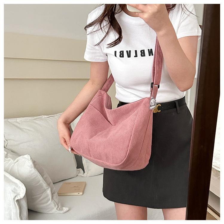 Solid Color Cotton Bucket Tote Bag Large Capacity Zipper Shoulder Purse for Women