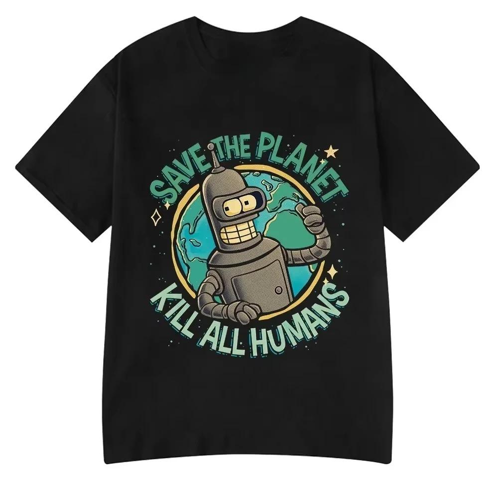 Funny Tees Save The Planet Kill All Humans Robot Graphic Print T Shirt Men Women Short Sleeve T-shirt Oversized Cotton Tops