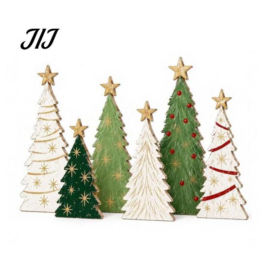 Miniature Festive Desktop Displays 6Pcs Wooden Christmas Tree Tabletop Decor Set, Rustic Star Topped Natural Wood Tiered Tray Mini Figurines,