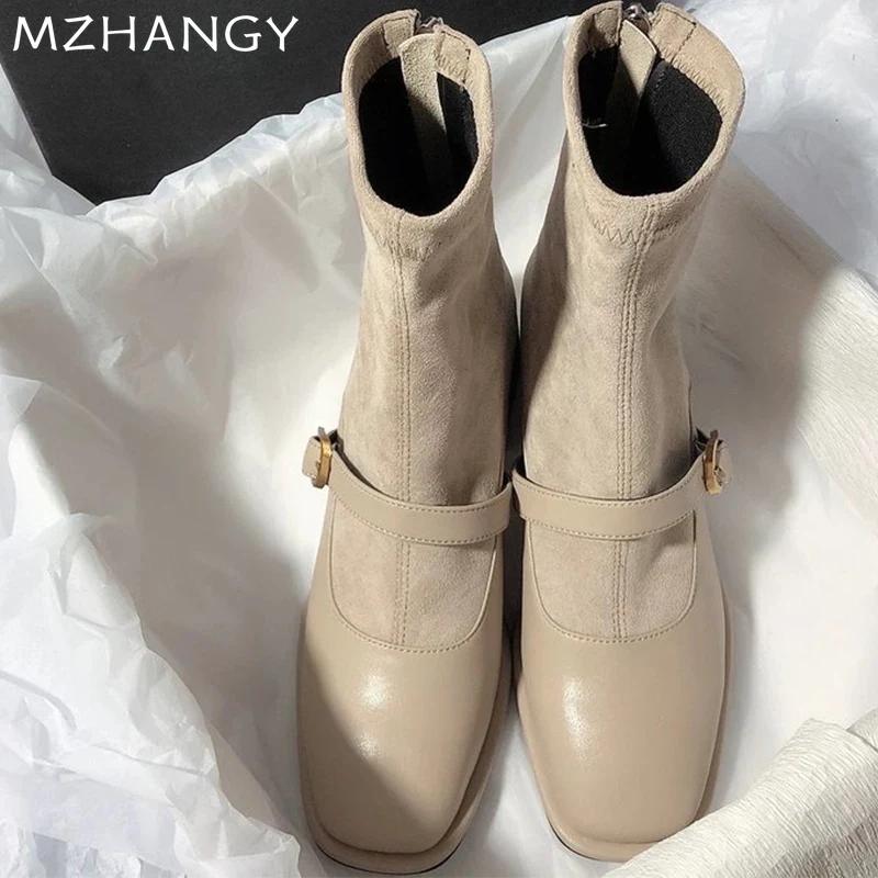 Suede Women Chunky Ankle Boots Mid Heels Fashion Leather Shoes Woman 2025 Trend Goth Chelsea Boots Pumps New Muejr Snow Botas