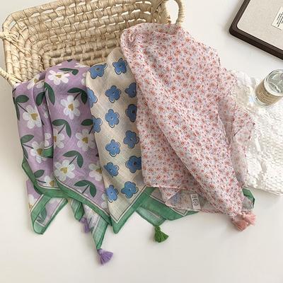 Premium Cotton and Linen Silk Scarf Neck Protection Scarf Small Fresh Square Scarf Floral Headscarf Hair Band Fringed Hair Accessories